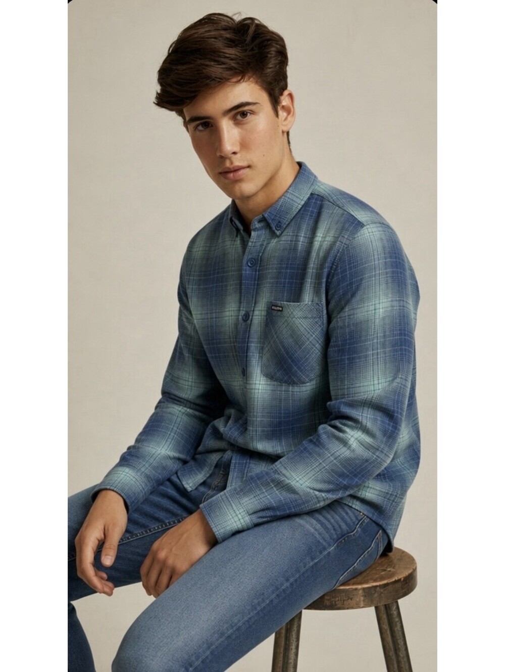 RVCA NWT Men’s Cotton Plaid Cruz Long Sleeve Shirt in Blue|Green-Medium